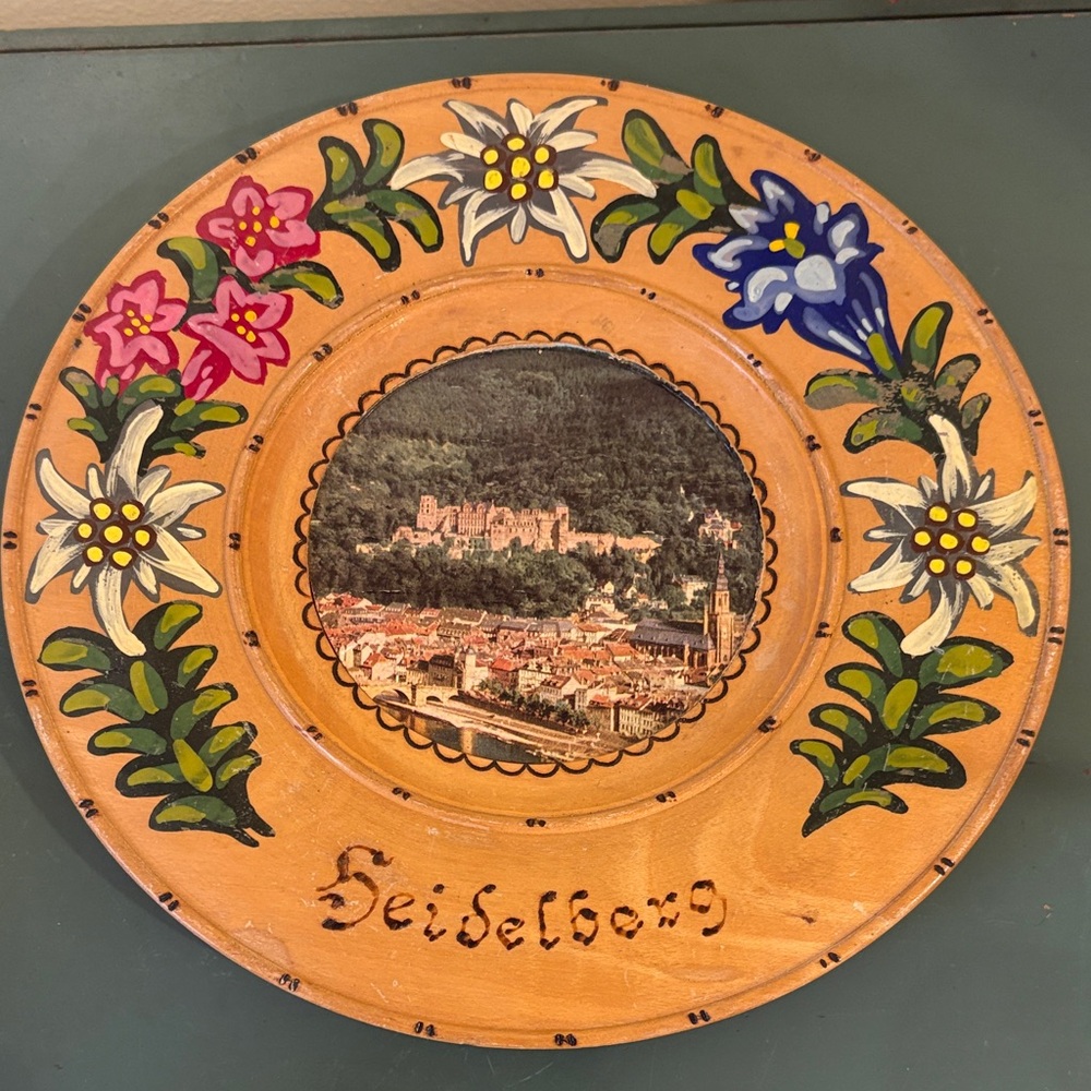 Vintage Hand-painted Wooden Decorative Plate Featuring Heidelberg, Germany.